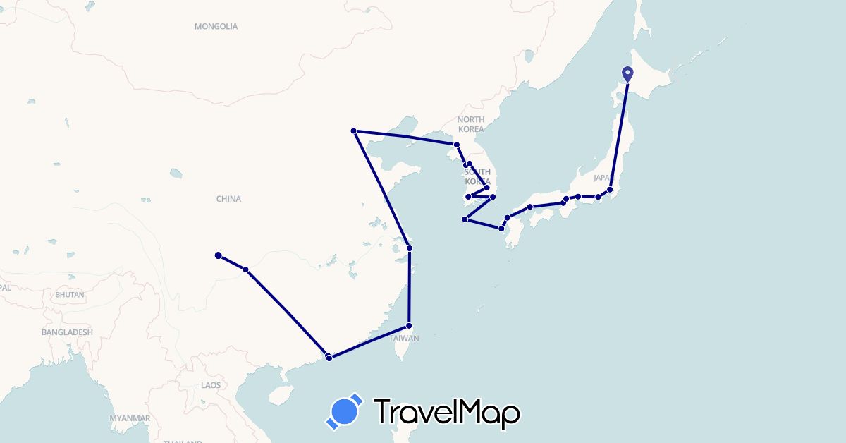 TravelMap itinerary: driving in China, Japan, North Korea, South Korea, Taiwan (Asia)